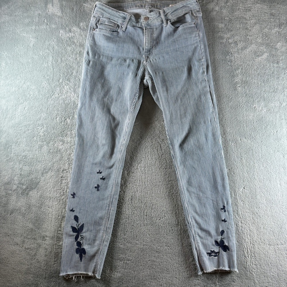 Old Navy Rockstar Mid Rise Railroad Stripe Floral Embroidered Raw Hem Jeans 8
